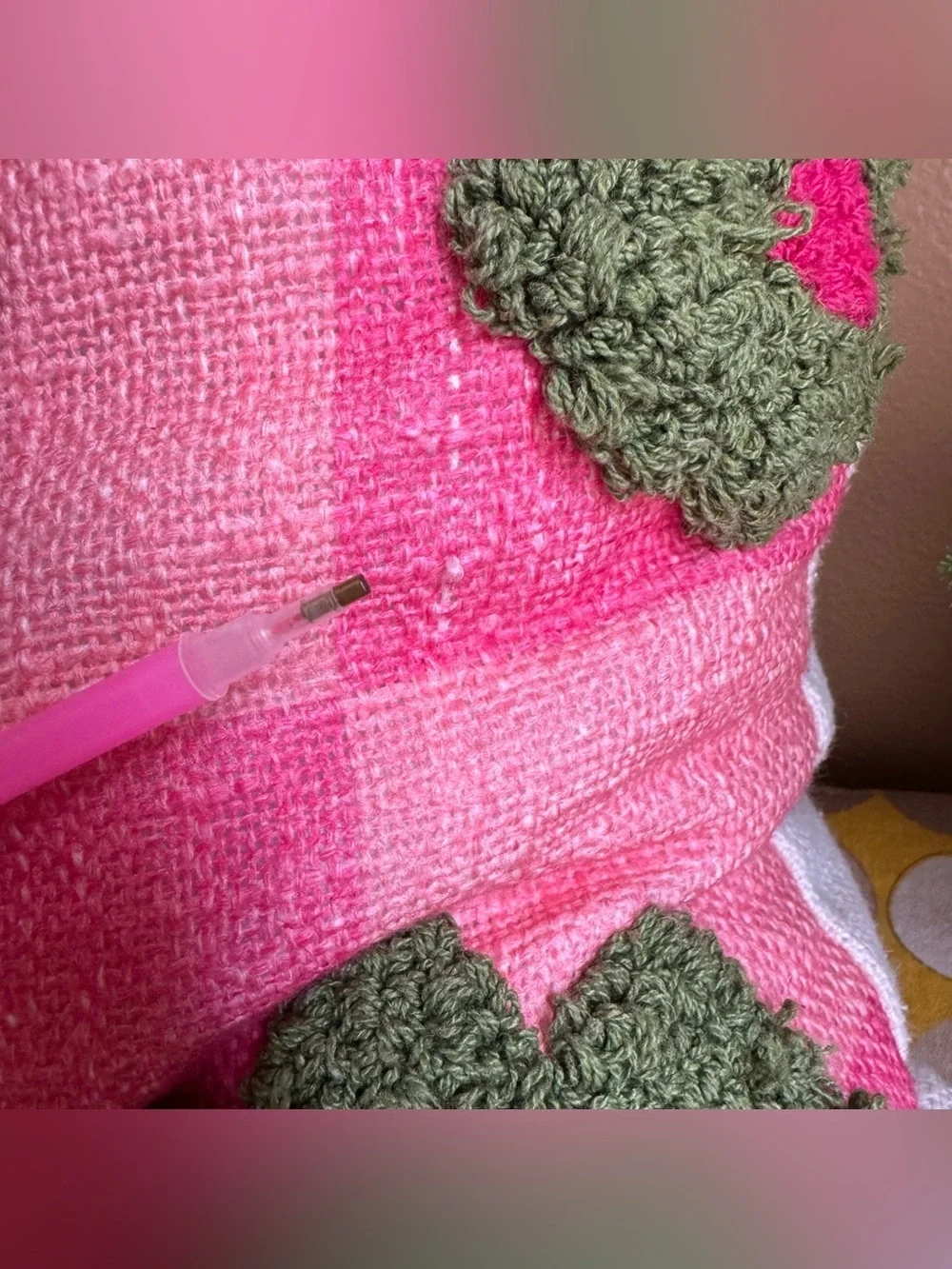 Tuft checkerboard green and pink floral pillow
